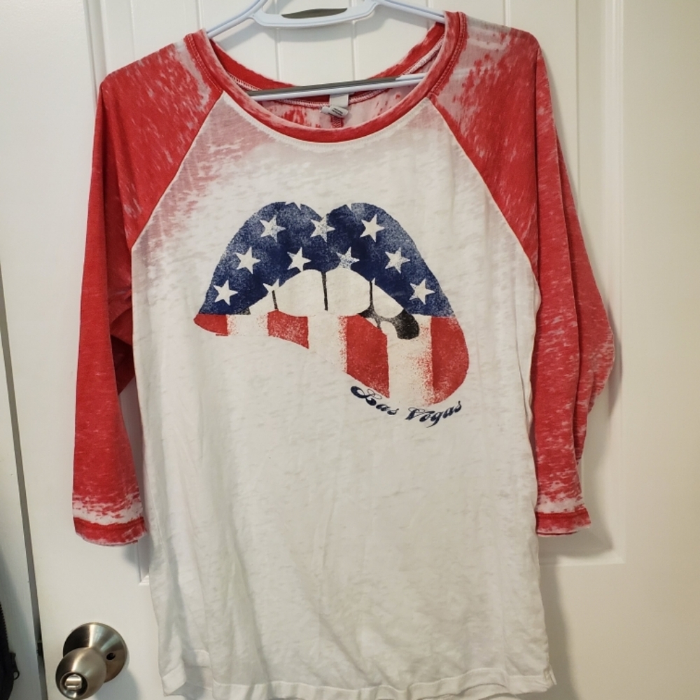 Vegas/lips red and white baseball t shirt.